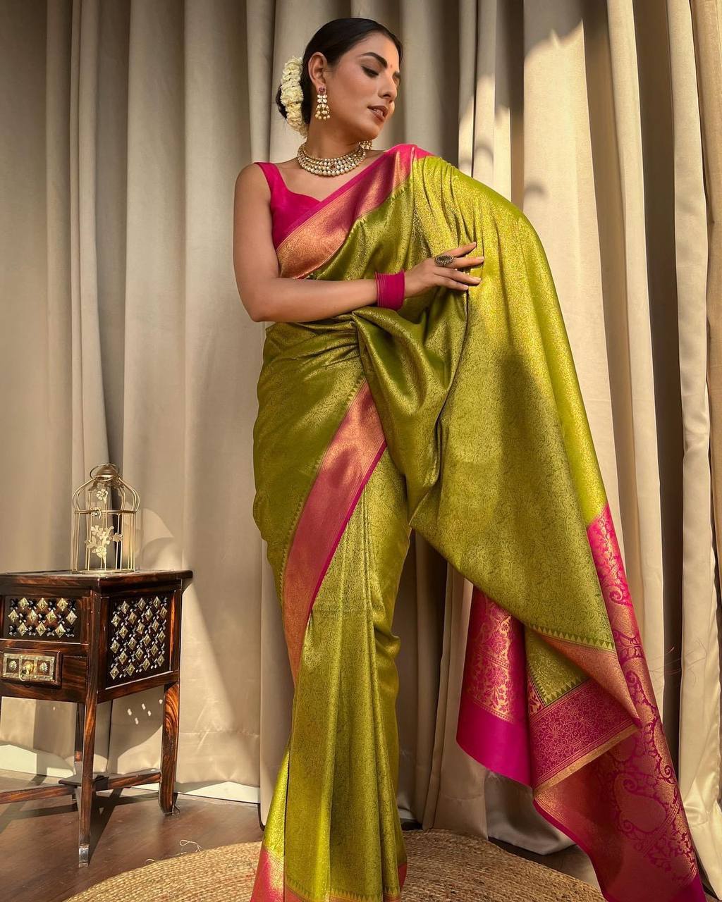 Lime And Pink Colour Pure Semi Silk Saree With Heavy Brocade Blouse