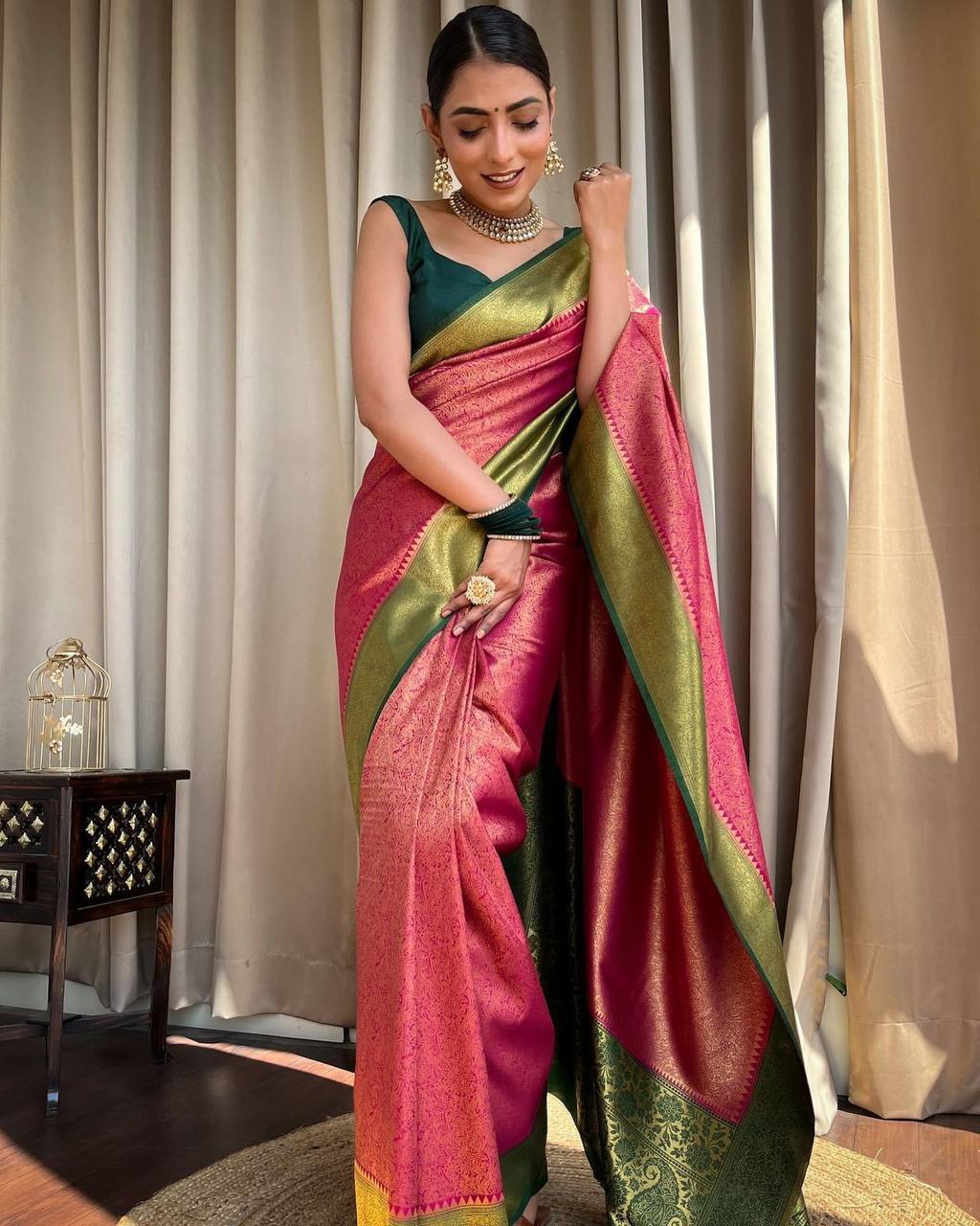 Pink And Green Colour Pure Semi Silk Saree With Heavy Brocade Blouse