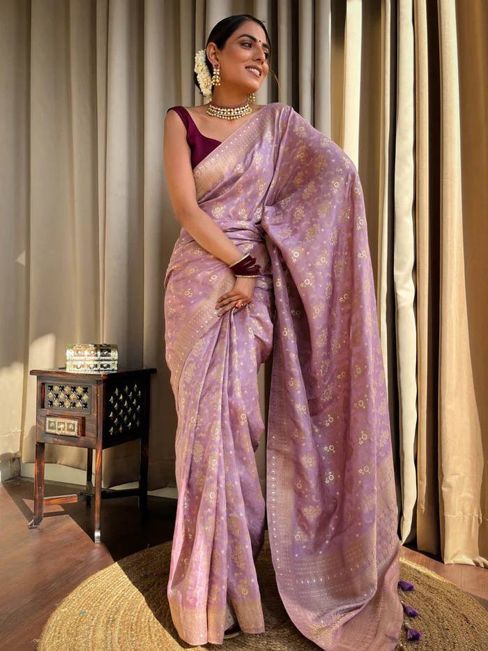 Light Purple Colour Pure Semi Silk Saree With Heavy Brocade Blouse