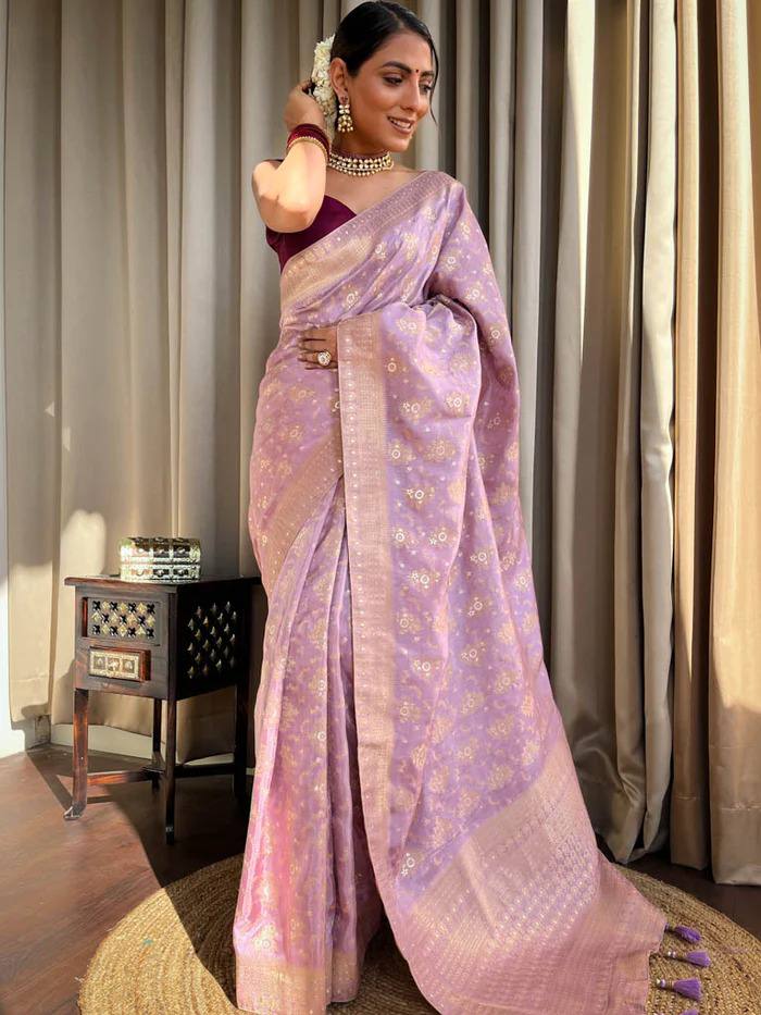 Light Purple Colour Pure Semi Silk Saree With Heavy Brocade Blouse