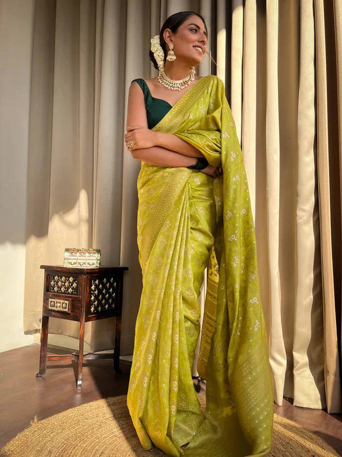 Mahendi Green Colour Pure Semi Silk Saree With Heavy Brocade Blouse