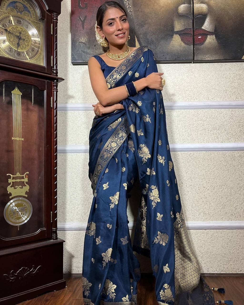 Blue Saree With Heavy Brocade Blouse