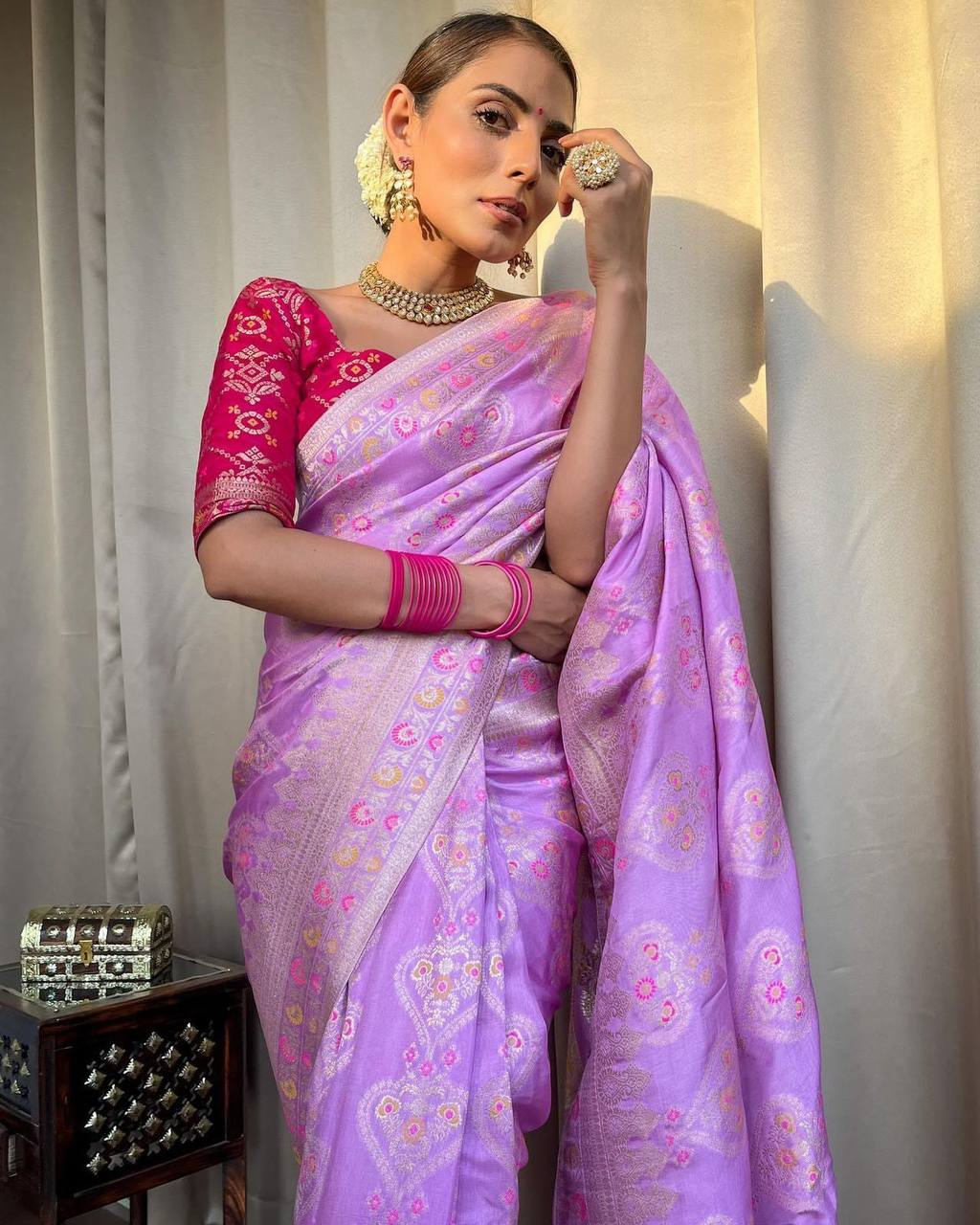 Lavender Saree With Heavy Brocade Blouse