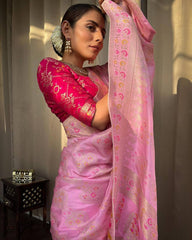 Onion Pink Saree With Heavy Brocade Blouse