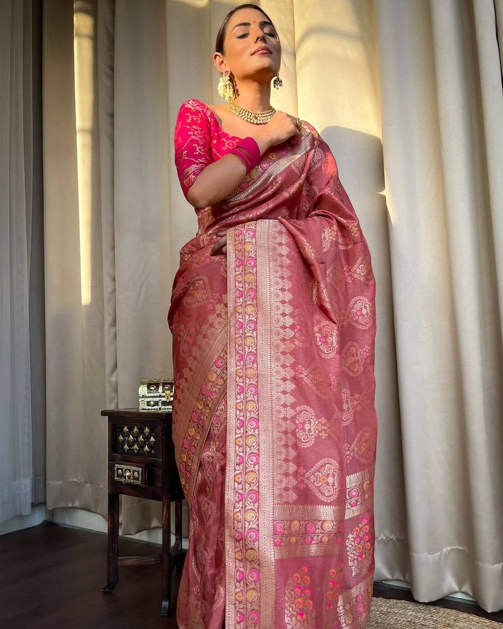Orchid Pink Saree With Heavy Brocade Blouse