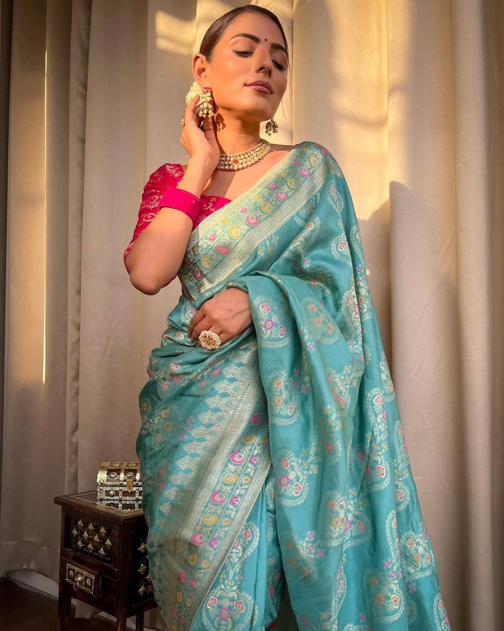 Turquoise Green Saree With Heavy Brocade Blouse