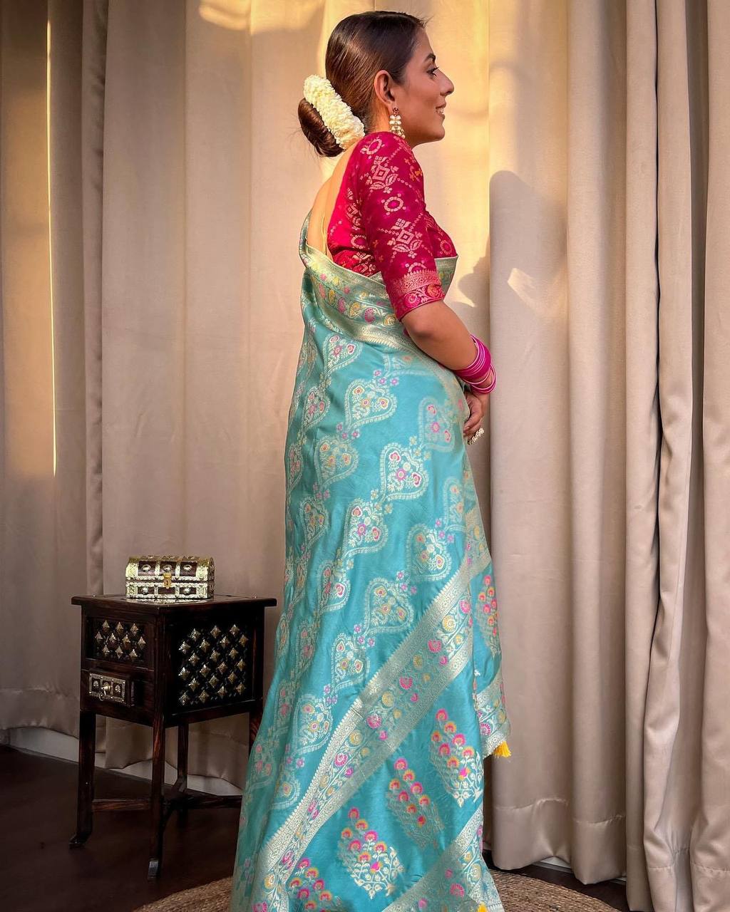 Turquoise Green Saree With Heavy Brocade Blouse
