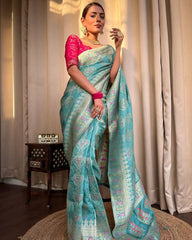 Turquoise Green Saree With Heavy Brocade Blouse