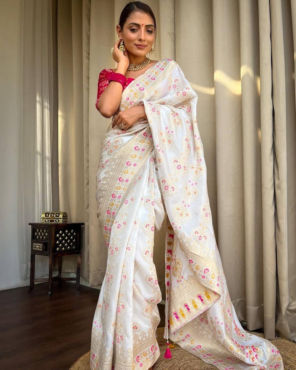 White Saree With Heavy Brocade Blouse