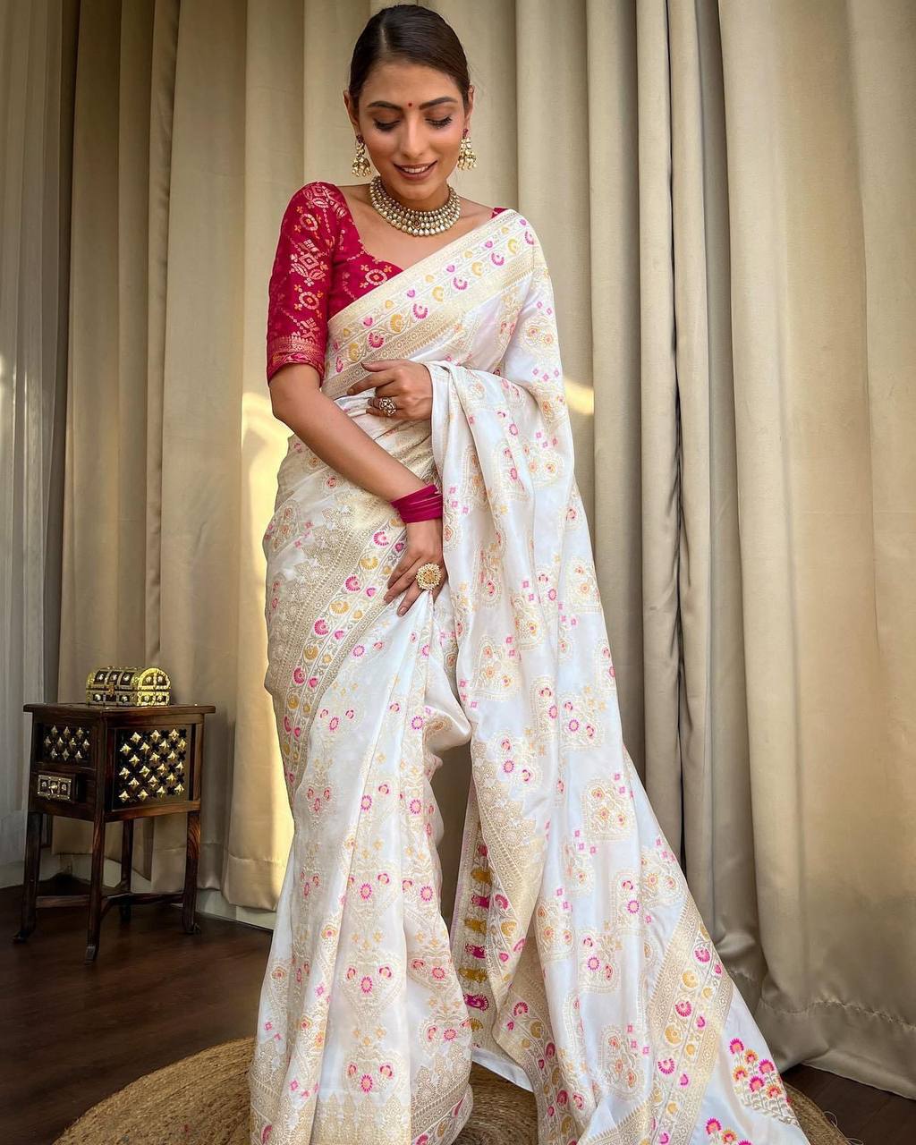 White Saree With Heavy Brocade Blouse