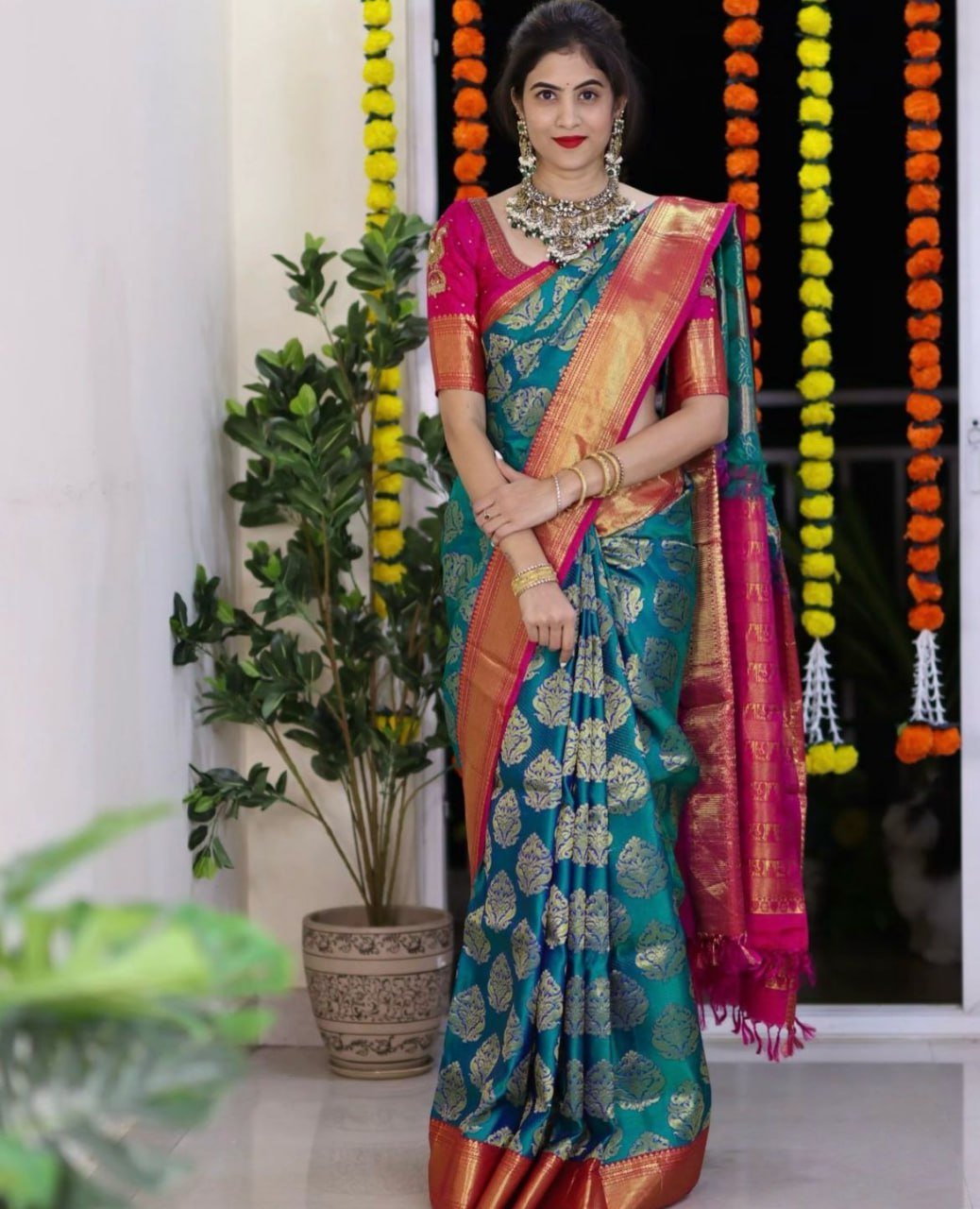 Teal Blue Banarasi Soft Silk Saree with Gold Zari Weaving