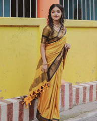 Mustard Yellow With Black Broder Pure Banarasi Soft Silk Saree