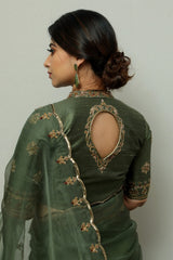 Designer Forest Green Organza Handwork Cutwork With Zardosi And Sequence silk saree