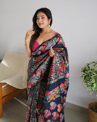 Enthralling Kashmiri Weave: Navy Blue Multicolor Threads & Pure Zari Saree in Banarasi Soft Silk