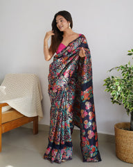 Enthralling Kashmiri Weave: Navy Blue Multicolor Threads & Pure Zari Saree in Banarasi Soft Silk