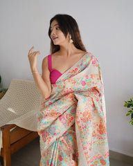 Enthralling Kashmiri Weave: Cream Multicolor Threads & Pure Zari Saree in Banarasi Soft Silk