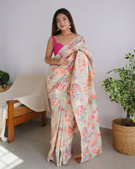 Enthralling Kashmiri Weave: Cream Multicolor Threads & Pure Zari Saree in Banarasi Soft Silk