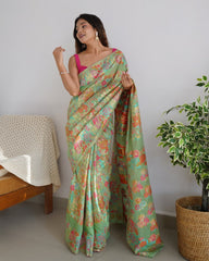 Enthralling Kashmiri Weave: Pista Multicolor Threads & Pure Zari Saree in Banarasi Soft Silk