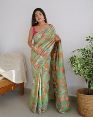 Enthralling Kashmiri Weave: Pista Multicolor Threads & Pure Zari Saree in Banarasi Soft Silk