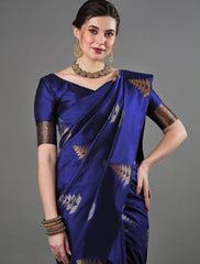 Exquisite Royal Blue Banarasi Soft Silk Saree with Copper & Silver Zari Weaving