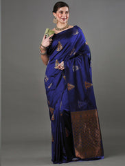 Exquisite Royal Blue Banarasi Soft Silk Saree with Copper & Silver Zari Weaving