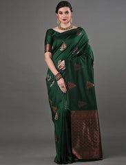 Exquisite Dark Green Banarasi Soft Silk Saree with Copper & Silver Zari Weaving