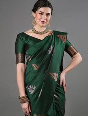 Exquisite Dark Green Banarasi Soft Silk Saree with Copper & Silver Zari Weaving