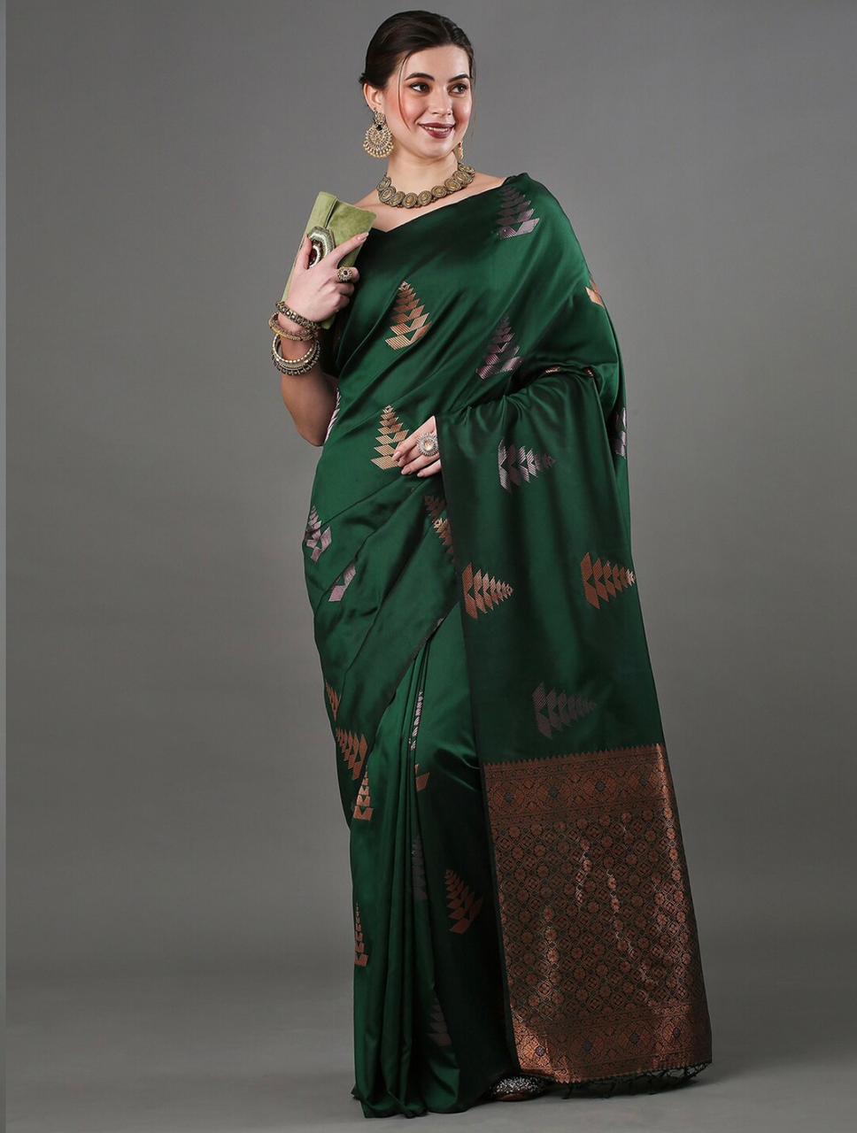 Exquisite Dark Green Banarasi Soft Silk Saree with Copper & Silver Zari Weaving