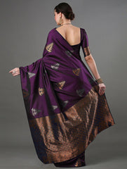 Exquisite Wine Banarasi Soft Silk Saree with Copper & Silver Zari Weaving