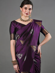 Exquisite Wine Banarasi Soft Silk Saree with Copper & Silver Zari Weaving