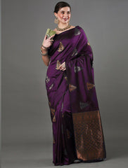 Exquisite Wine Banarasi Soft Silk Saree with Copper & Silver Zari Weaving