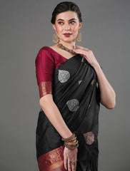 Exquisite Black Banarasi Soft Silk Saree with Copper & Silver Zari Weaving