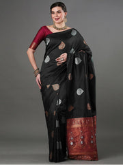 Exquisite Black Banarasi Soft Silk Saree with Copper & Silver Zari Weaving