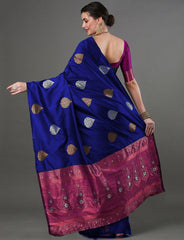 Exquisite Royal Blue Banarasi Soft Silk Saree with Copper & Silver Zari Weaving