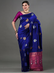 Exquisite Royal Blue Banarasi Soft Silk Saree with Copper & Silver Zari Weaving