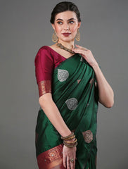 Exquisite Dark Green Banarasi Soft Silk Saree with Copper & Silver Zari Weaving