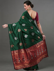 Exquisite Dark Green Banarasi Soft Silk Saree with Copper & Silver Zari Weaving