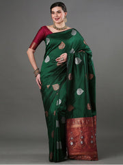 Exquisite Dark Green Banarasi Soft Silk Saree with Copper & Silver Zari Weaving