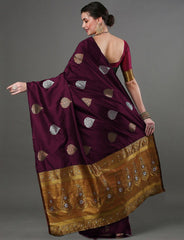 Exquisite Wine Banarasi Soft Silk Saree with Copper & Silver Zari Weaving