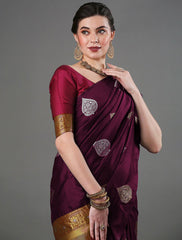 Exquisite Wine Banarasi Soft Silk Saree with Copper & Silver Zari Weaving