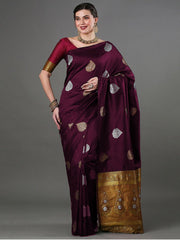 Exquisite Wine Banarasi Soft Silk Saree with Copper & Silver Zari Weaving