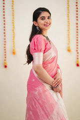 Luxurious Soft Cotton Baby Pink Saree