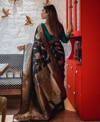 Exquisite Black Banarasi Soft Silk Saree with Copper Zari Weaving