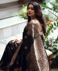 Exquisite Black Banarasi Soft Silk Saree with Silver Zari Weaving