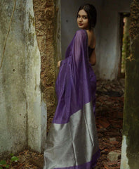 Luxurious Purple Banarasi Soft Silk Saree with Silver Zari Weaving