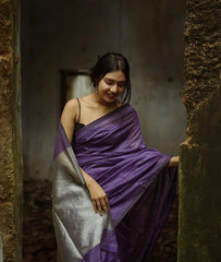 Luxurious Purple Banarasi Soft Silk Saree with Silver Zari Weaving