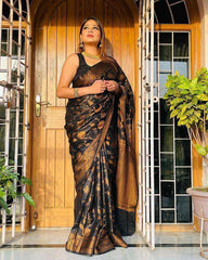 Black Banarasi Soft Silk Saree with Copper Zari Weaving