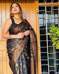 Black Banarasi Soft Silk Saree with Copper Zari Weaving