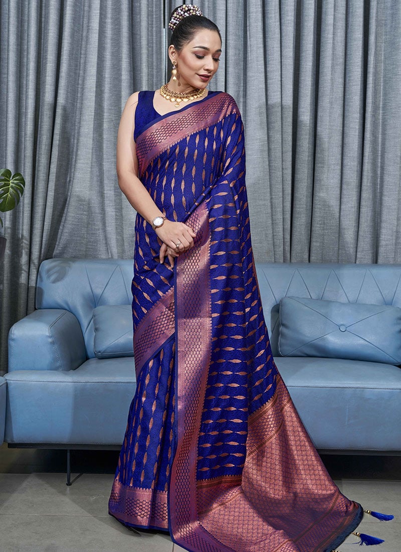 Exquisite Royal Blue Banarasi Soft Silk Saree with Copper Zari Weaving
