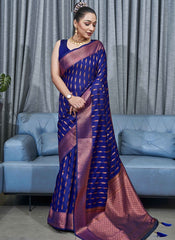 Exquisite Royal Blue Banarasi Soft Silk Saree with Copper Zari Weaving